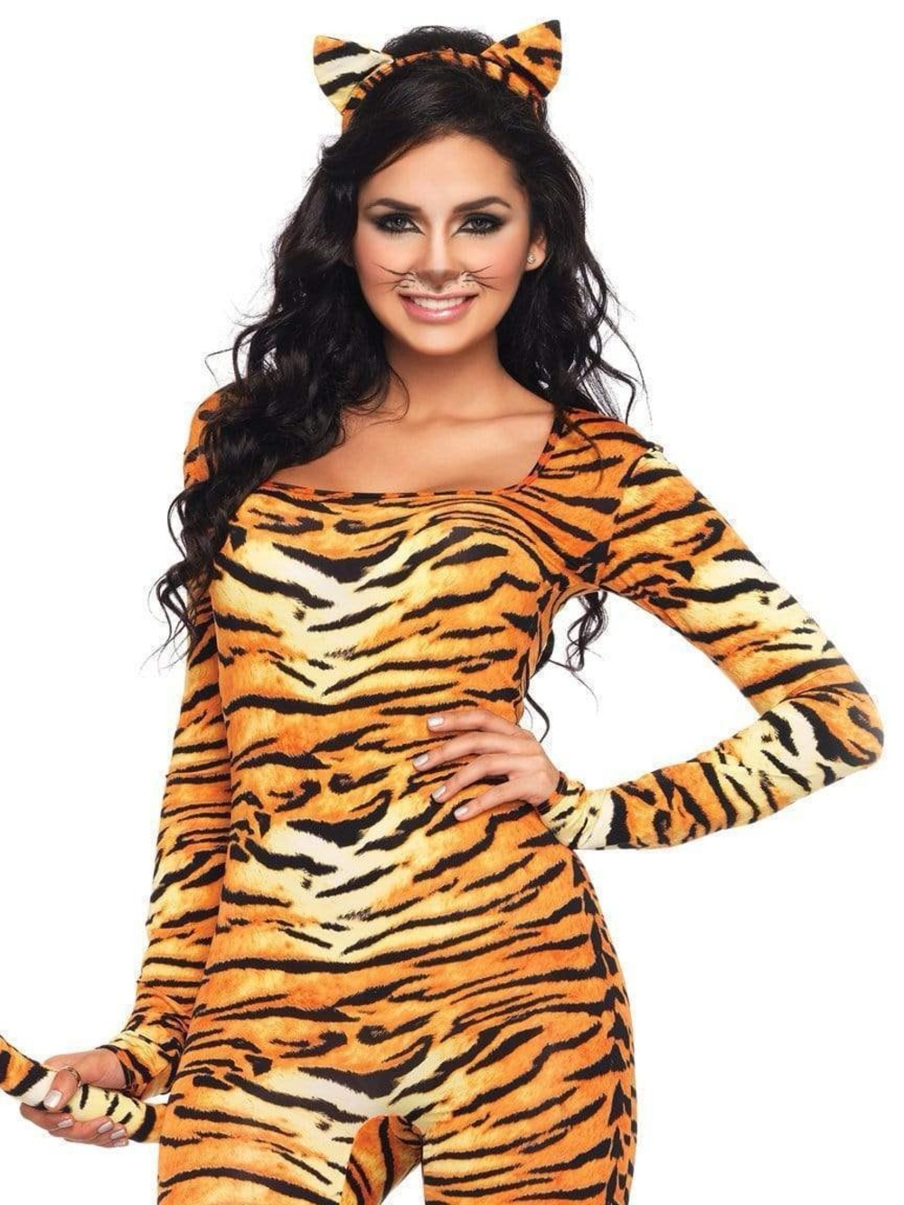 Leg Avenue Women's Tiger Print Jumpsuit and Headband Set - Orange Black